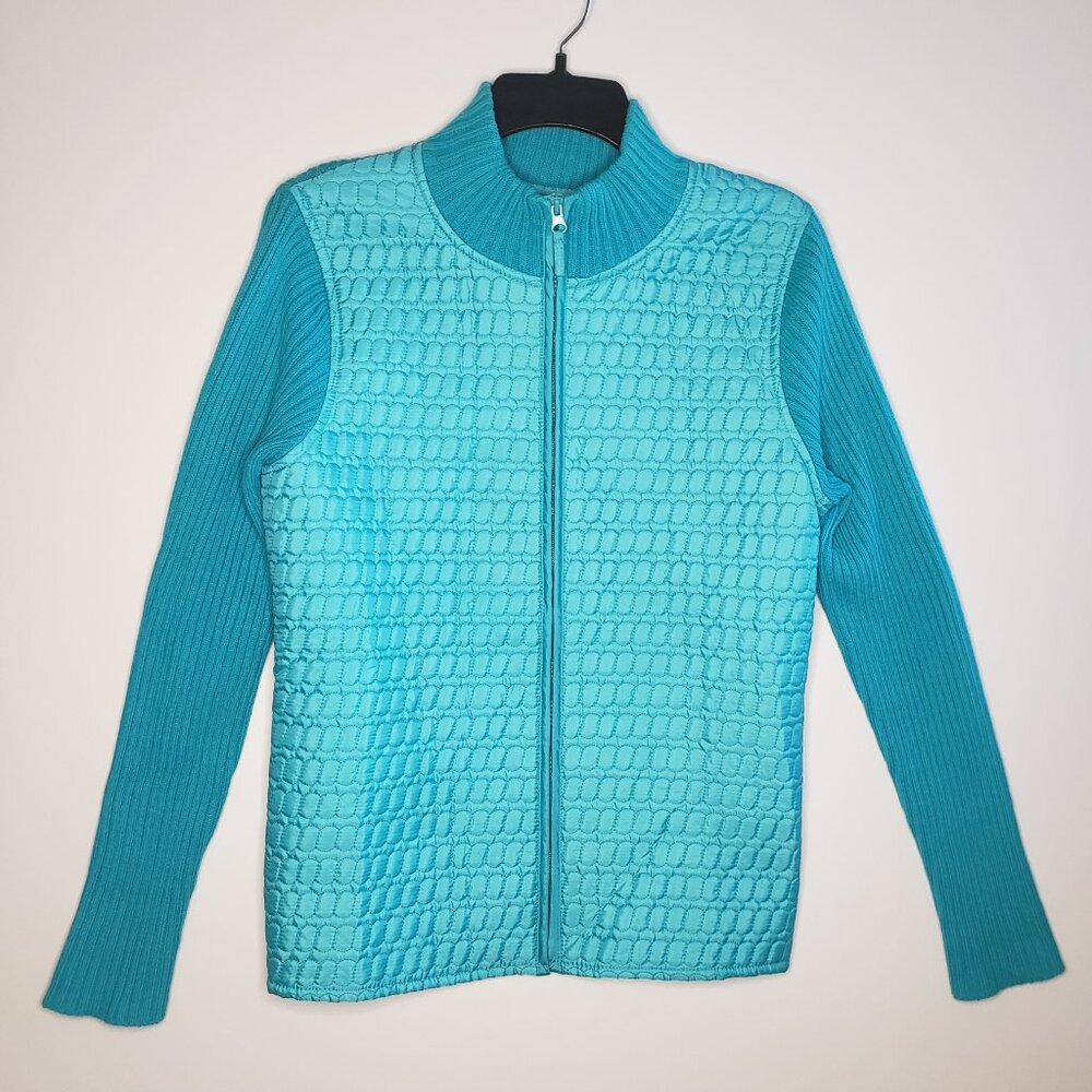 For Cynthia Quilted Front Ribbed Knit Full Zip Turquoise Sweater Jacket L NWOT